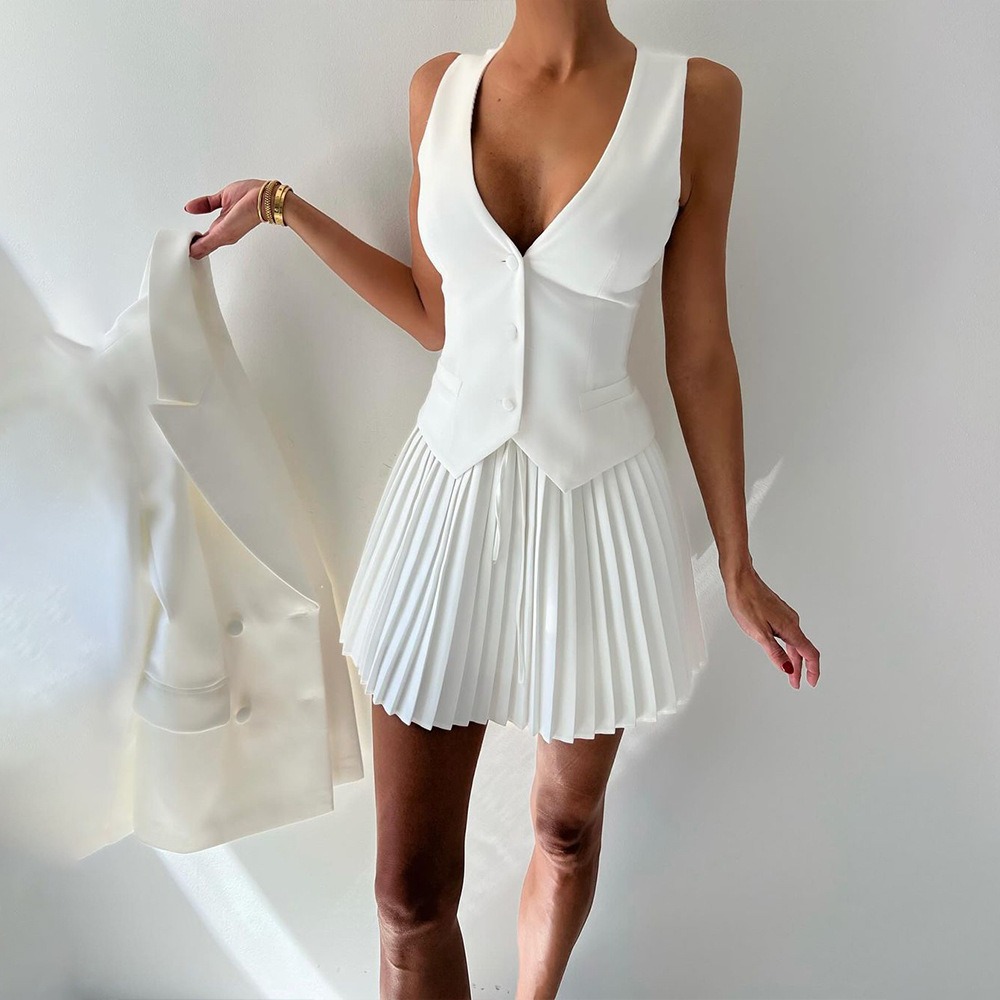 Commuter Pure Color Sleeveless Buttoned Suit Vest Top Pleated Short Skirt Women's 2 Piece Set Fashion
