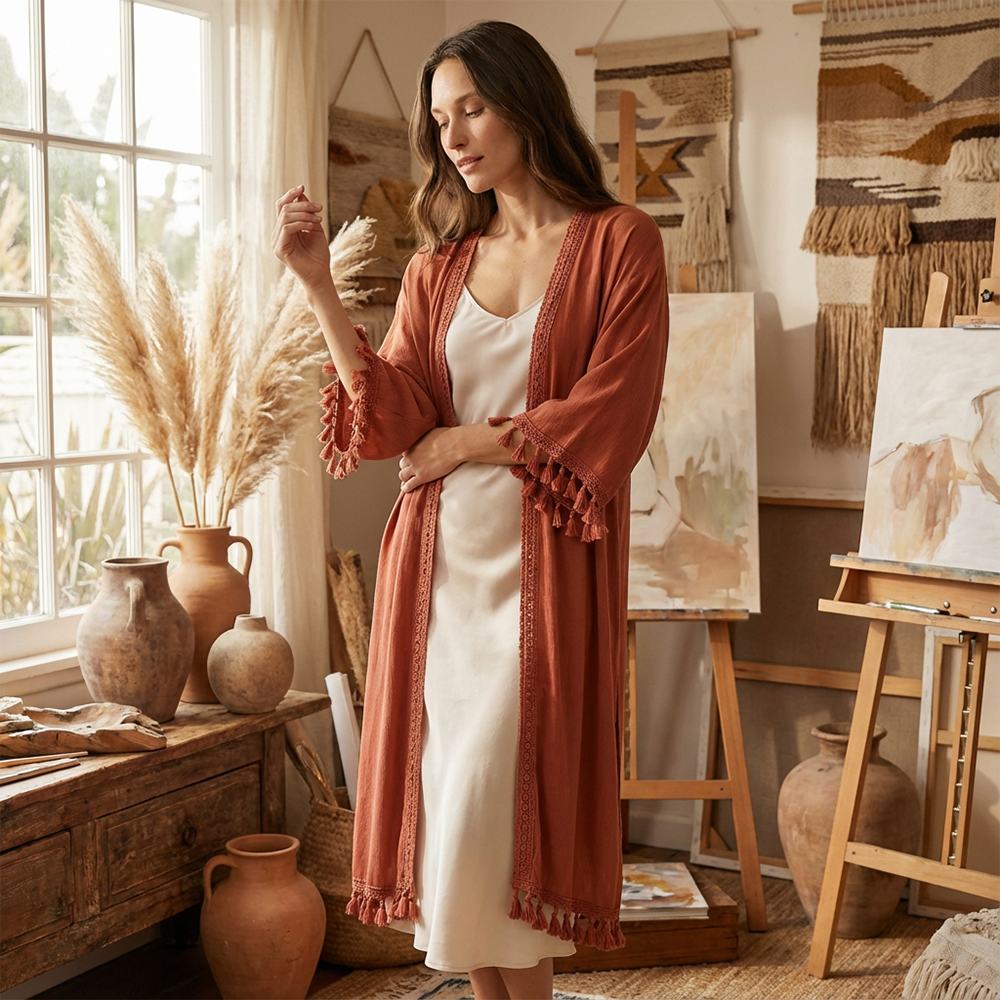 Boho Tassel Kimono Cardigan Satin Slip Dress Set Women Casual Long Sleeve Cover Up Dress Outfit