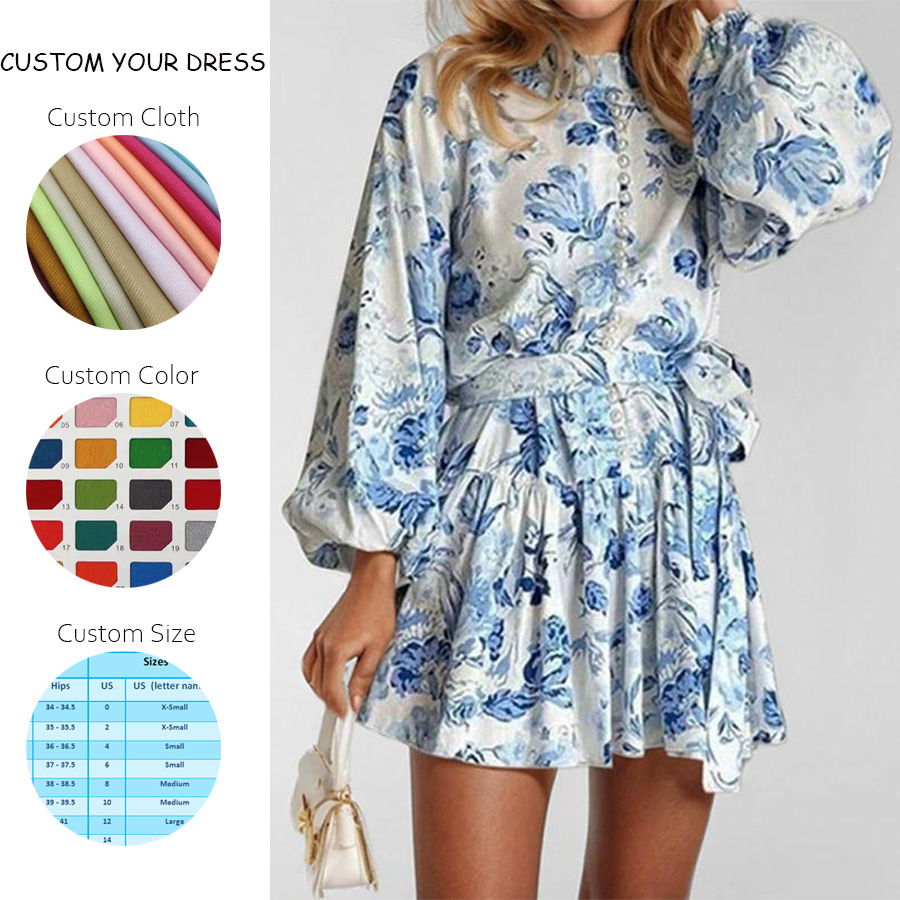 2024 Custom Women's Floral Pleated Dress Elegant Formal Knee-Length With Long Sleeves Natural Waistline