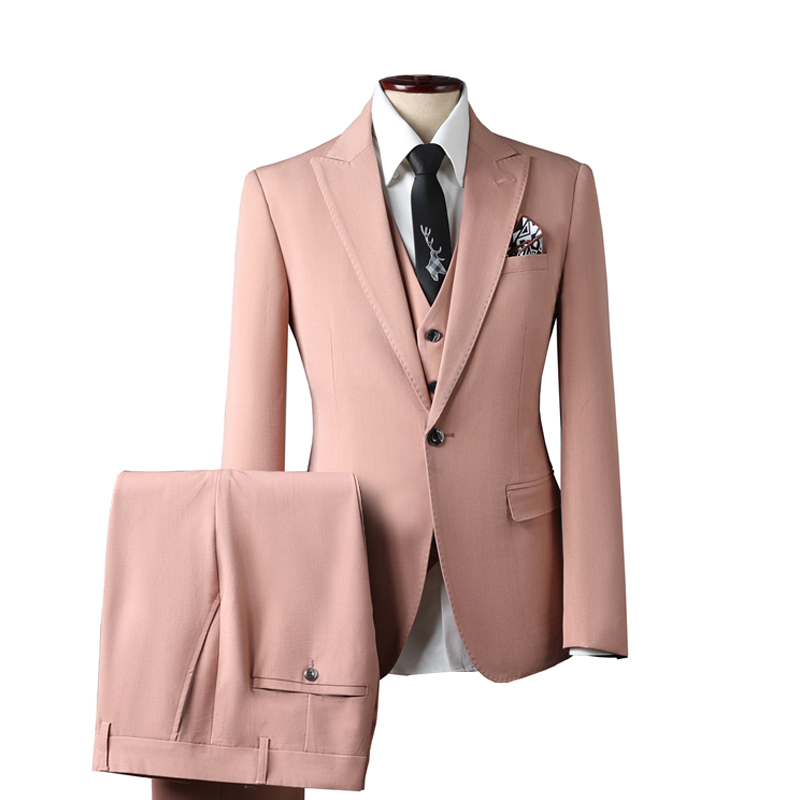 Elegant Pink Single Breasted Slim Fit Men's Suit 3-Piece Set Anti-Wrinkle Wedding Groom Formal Business Party Blazer Jacket