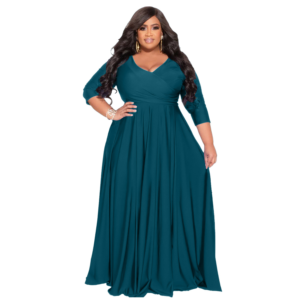 2024 Hot Selling Oversized Plus Size Lady Women's Clothing Solid Color V-neck Sexy Wedding Formal Dress