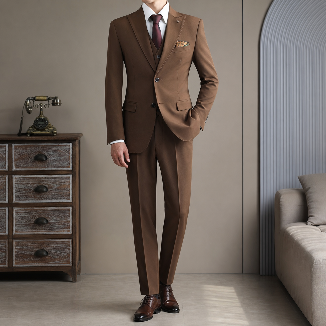 Vintage High-end 2 Button Men's Suit Set Slim Fit 3 Piece Formal Wedding Banquet Blazer Jacket Vest Pants
