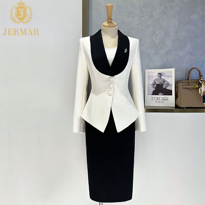 Custom Costume Chic Women's Formal Office Dress Contrast Lapel Detail Great Fit for Job Interviews Client Reception Events