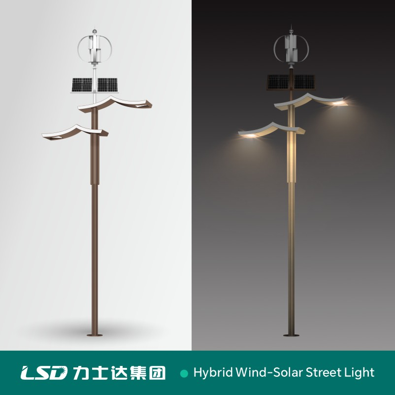 Dual Arm IP65 Waterproof LED Wind Solar Street Light Pole with Monocrystalline Silicon Solar Panel 50W to 150W Power for Road Garden Lawn