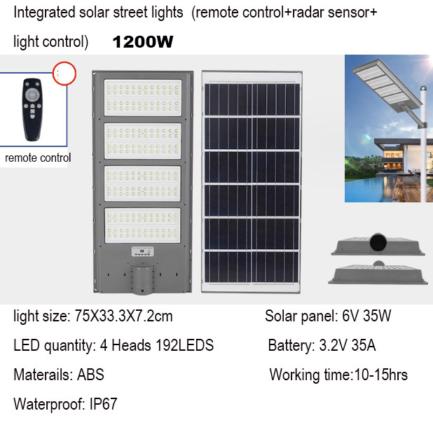 LED 800W 1000W 1500W IP65 Outdoor Waterproof ABS Energy Saving Economic Dimmable All in One Solar Street Light with Motion Sensor Light