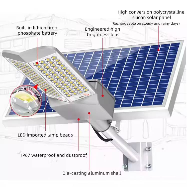 Nei Solar Street Light All in One Solar Street Light Square 100 W LED with Lithium Iron Oxide Battery Die Casting Aluminum Housing Body