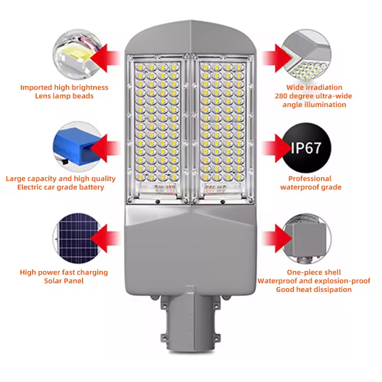 Nei Solar Street Light All in One Solar Street Light Square 100 W LED with Lithium Iron Oxide Battery Die Casting Aluminum Housing Body