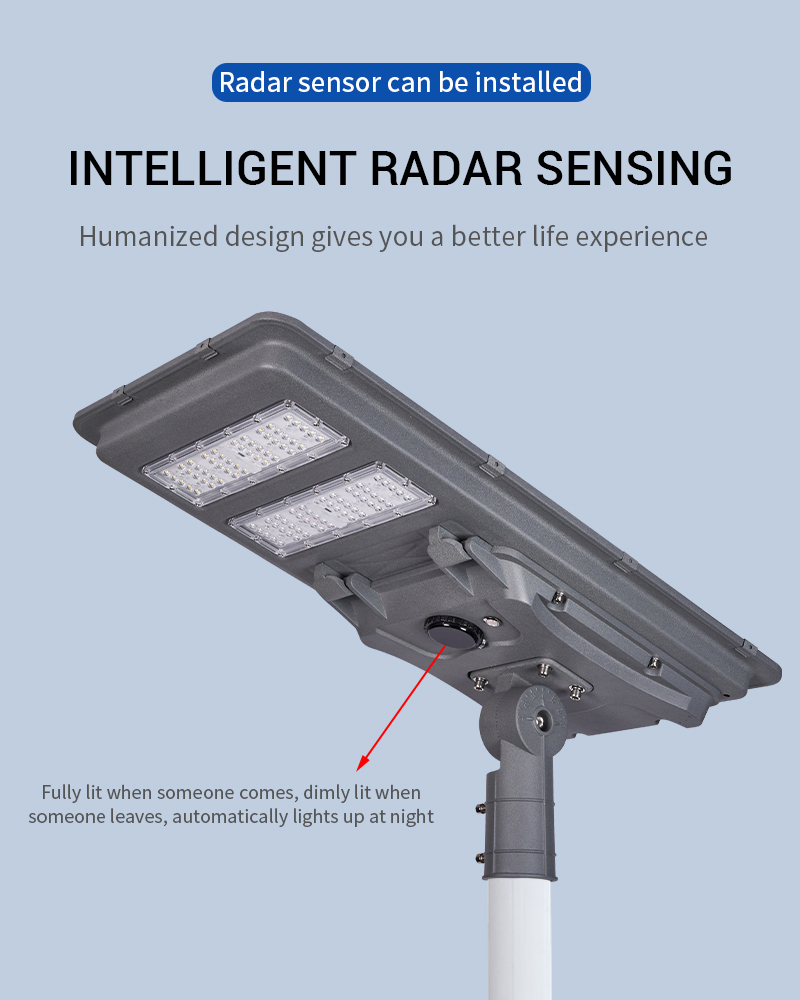 Moni-Si 100W All-in-One LED Solar Street Light Smart Outdoor Lighting Aluminum Profile Battery Power Supply IP65 Rated Dimmable
