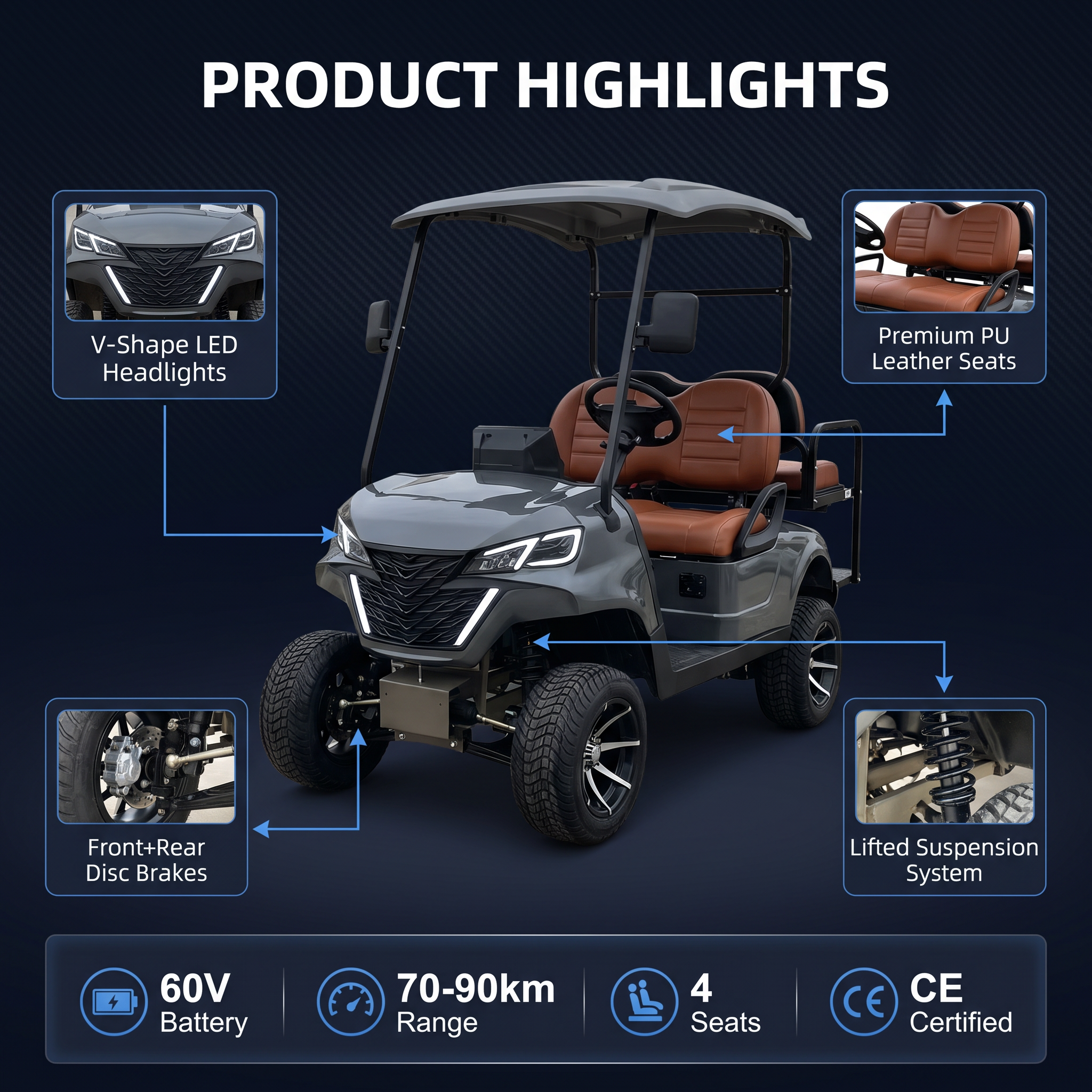 Off-Road 4 Seater Electric Golf Cart with Lithium Battery 60V Modern Hunting Golf Buggy for Resort