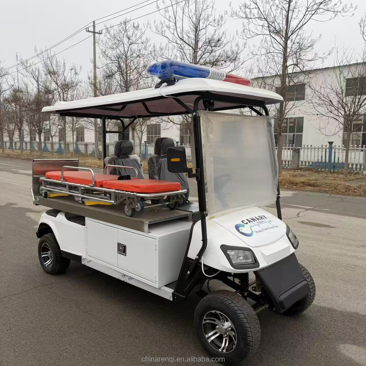 RENQI Electric Ambulance Golf Cart with Stretcher 3-4 Seats 30-50Km/h Speed for Hospital &amp; Campus Emergency Medical Use