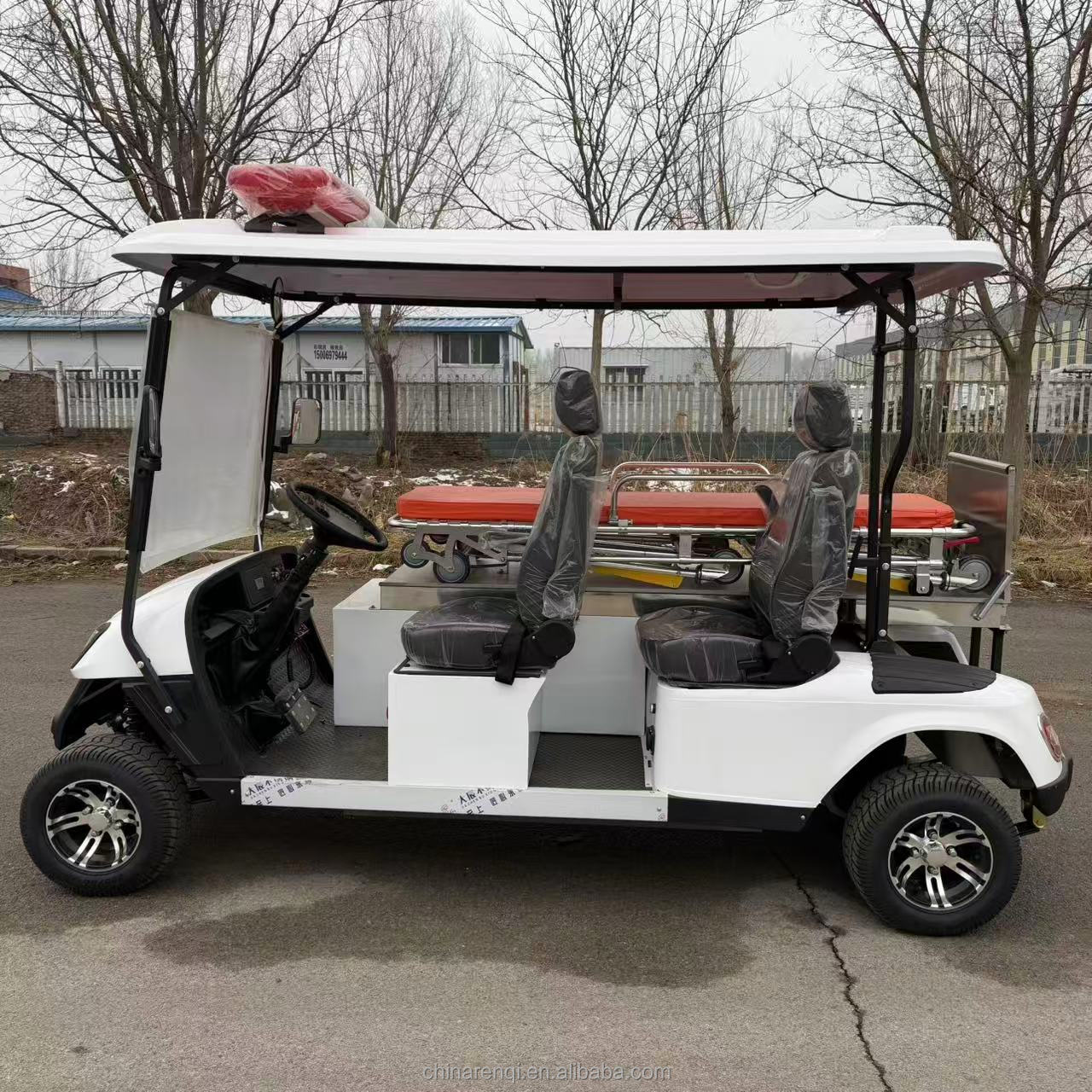 RENQI Electric Ambulance Golf Cart with Stretcher 3-4 Seats 30-50Km/h Speed for Hospital &amp; Campus Emergency Medical Use