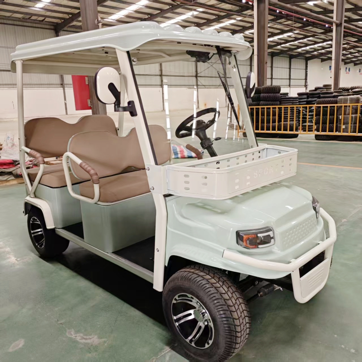 Electric Golf Cart 2 Seater White With Solar Panel Roof And Basket Storage For Outdoor Use