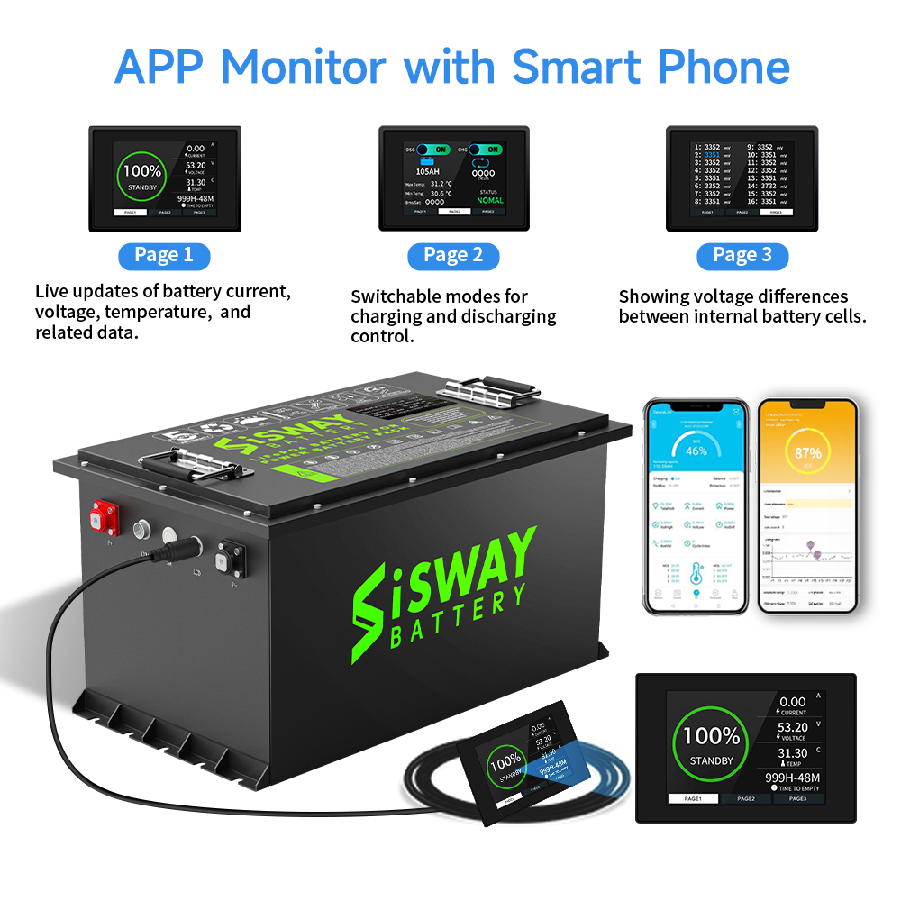 48V 105Ah Golf Cart Lithium Battery Smart 200A BMS with Touch Monitor APP Supported 4000+ Deep Cycles for Golf Cart
