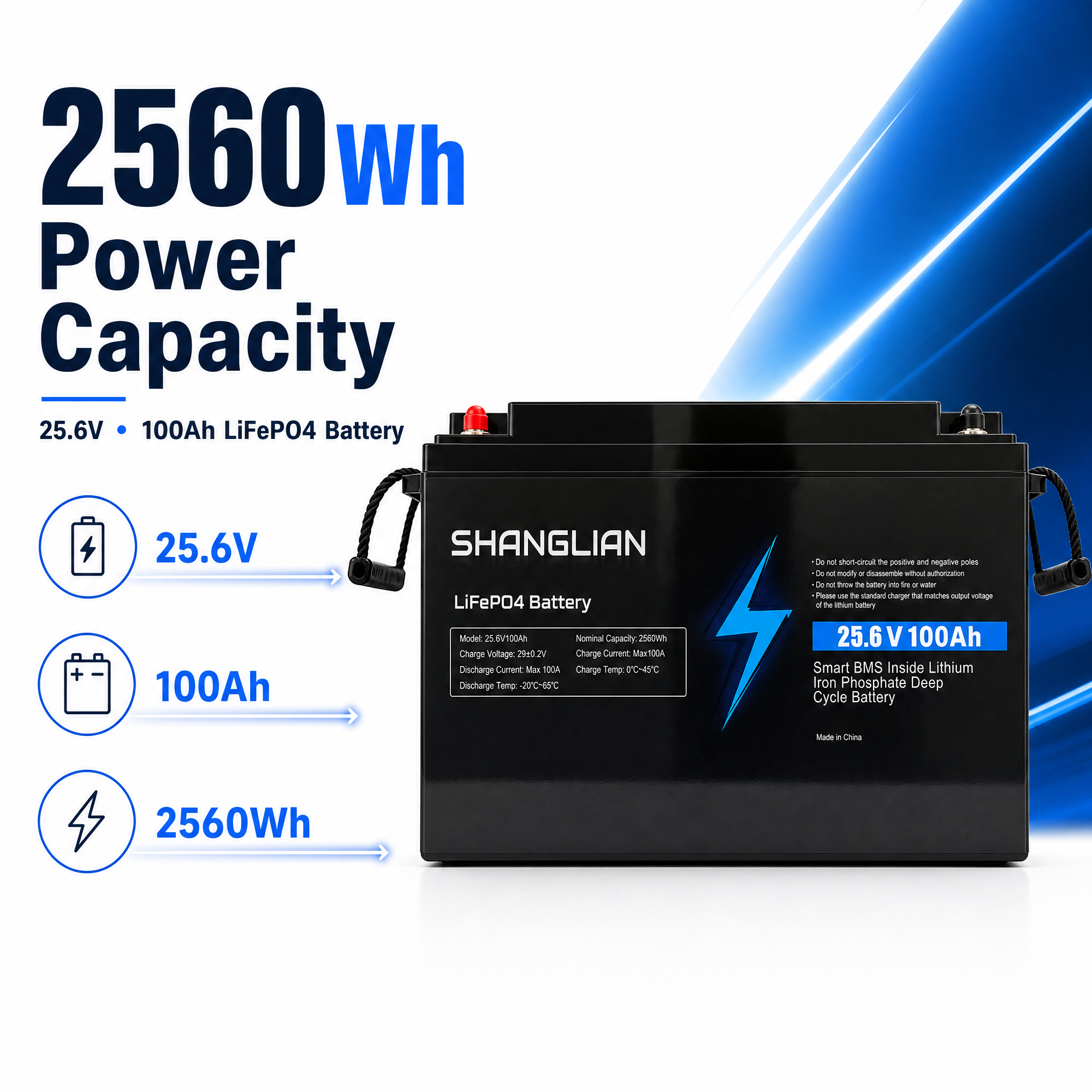 Electric Golf Cart &amp; Utility Vehicle - 25.6V 100Ah Lithium Battery (2560Wh, 4000 Cycles, BMS)