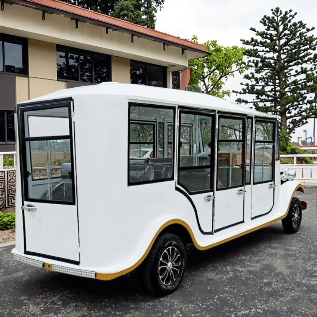 Wholesale Professional Parison 11-seats White Electric Sightseeing Bus &amp; Golf Carts with Vintage Style for Tourist and Hotels