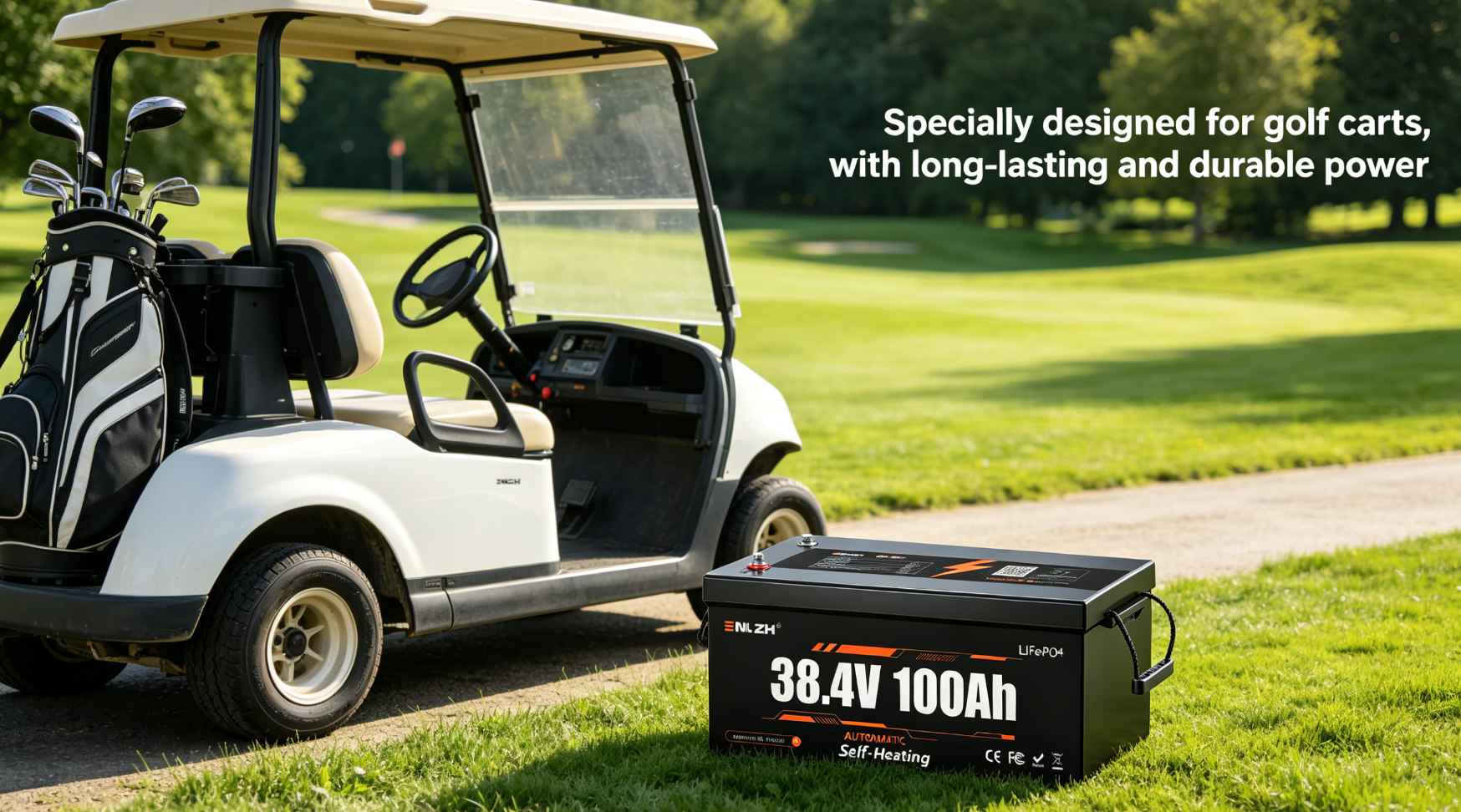 Enlzh Metal Case Self-Heating LiFePO4 Battery 38.4Volt 100Ah Lithium Golf Cart Battery With Charger