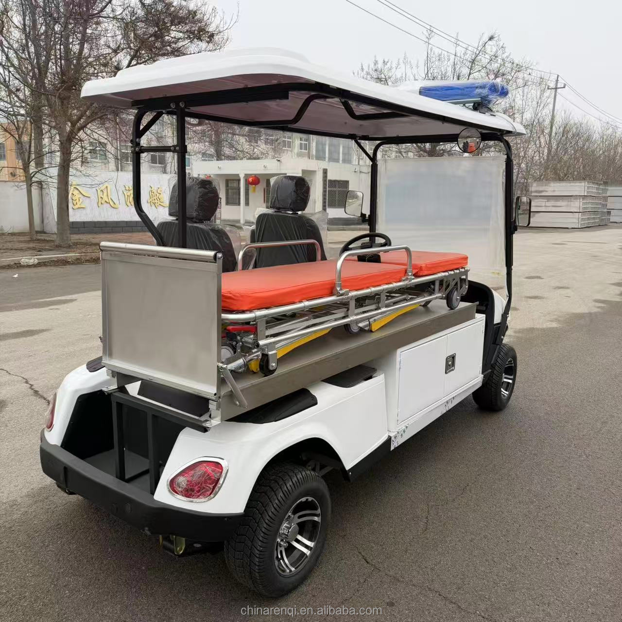 RENQI Electric Ambulance Golf Cart with Stretcher 3-4 Seats 30-50Km/h Speed for Hospital &amp; Campus Emergency Medical Use
