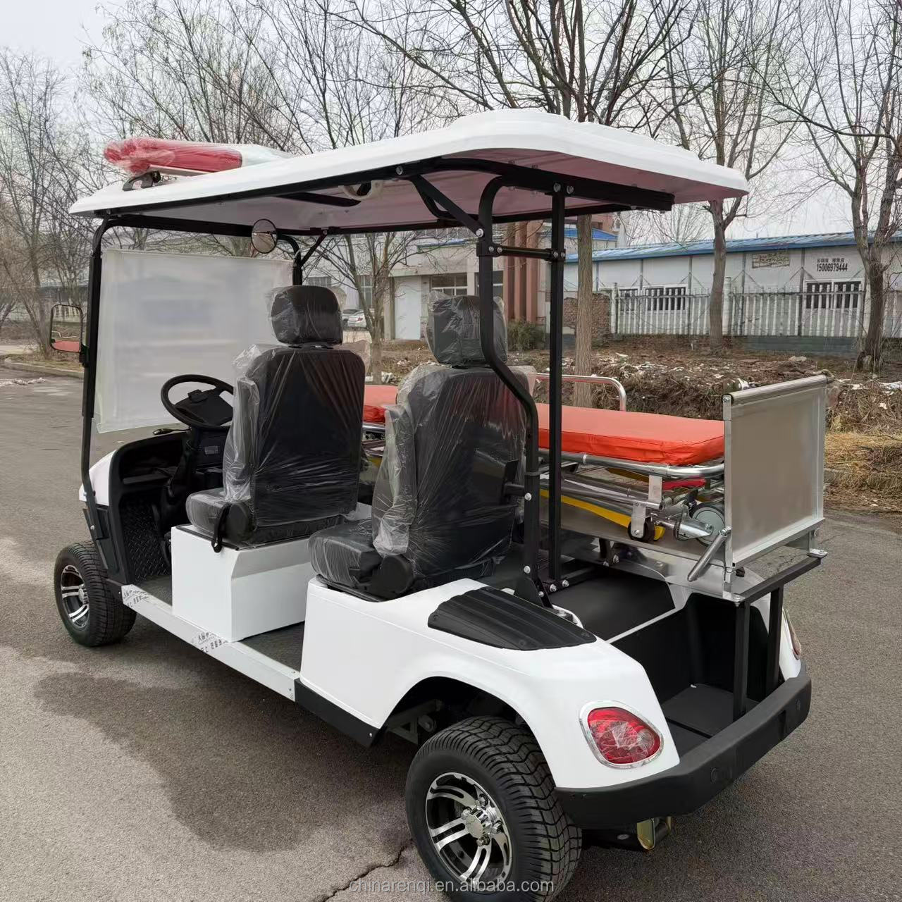 RENQI Electric Ambulance Golf Cart with Stretcher 3-4 Seats 30-50Km/h Speed for Hospital &amp; Campus Emergency Medical Use