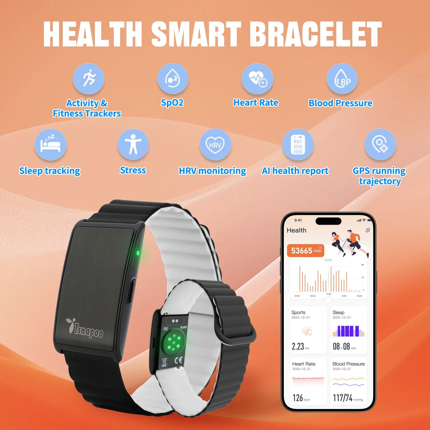 Wholesale CE RoHS Screenless Smart Fitness Tracker GPS Running 1ATM Waterproof Magnetic Strap Heart Rate Hrv Monitor for Sleep Step Ai Health Gym Training