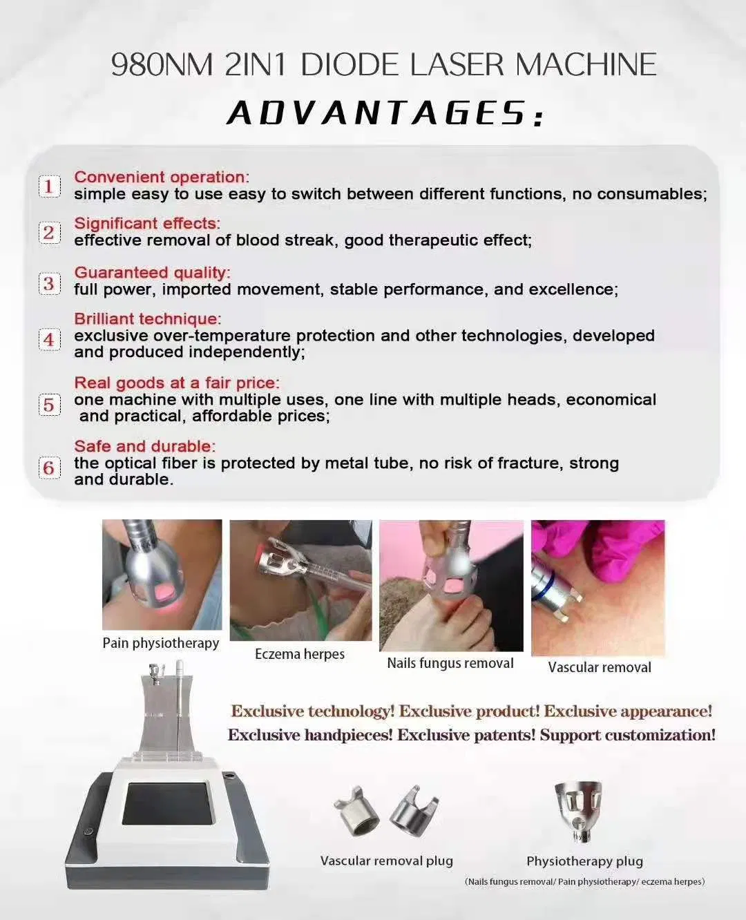 Portable 980nm Vascular Therapy Spider Vein Removal Beauty Device with Nail Fungus Removal Physiotherapy Head