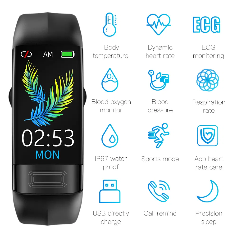 Smart Watch ECG PPG Blood Pressure Oxygen Monitor Heart Rate Body Temperature Tracking IP67 Waterproof Fitness Tracker