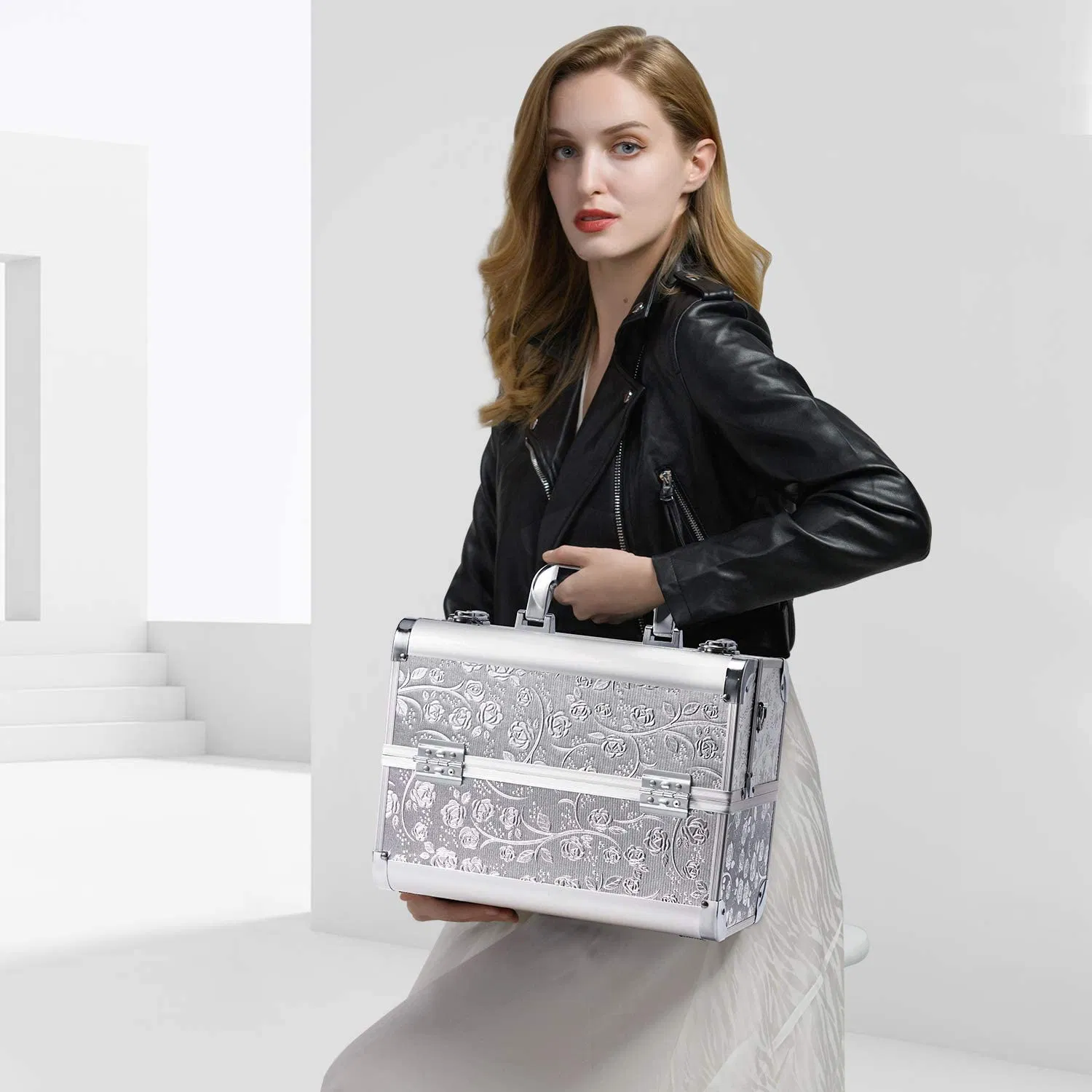 Caja de maquillaje profesional grande de aluminio, organizador de belleza, estuche de tren