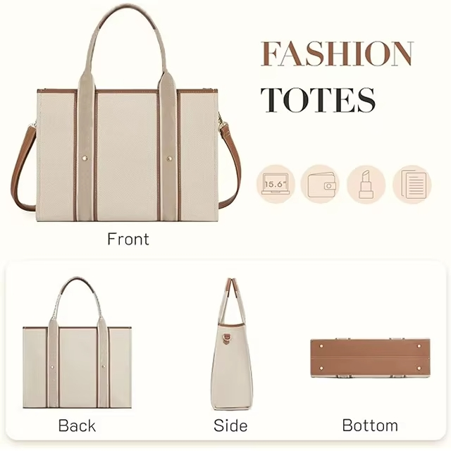 Bolso de mano grande de capacidad personalizada, bolso tote de lona para mujeres 15.6 pulgadas, maletín para laptop con compartimentos y correa para el pecho