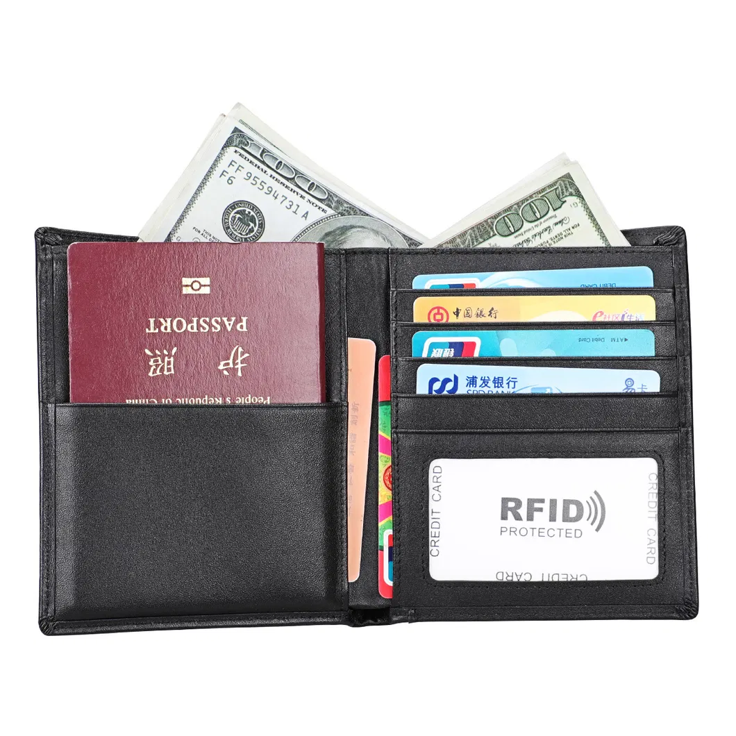 Billetera de pasaporte de cuero de vaca genuino con bloqueo RFID y protección contra espionaje
