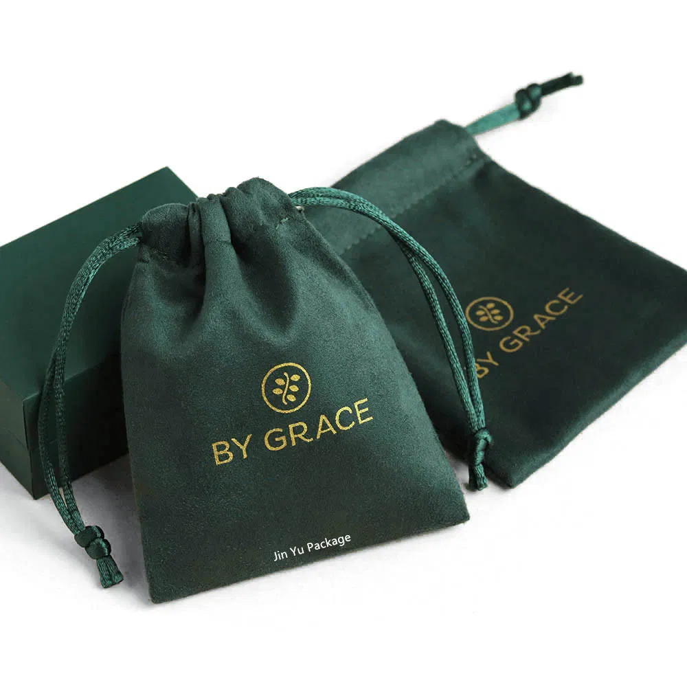 Bolsa de regalo de joyería personalizada de terciopelo verde oscuro con cordón
