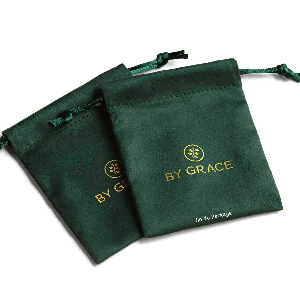 Bolsa de regalo de joyería personalizada de terciopelo verde oscuro con cordón