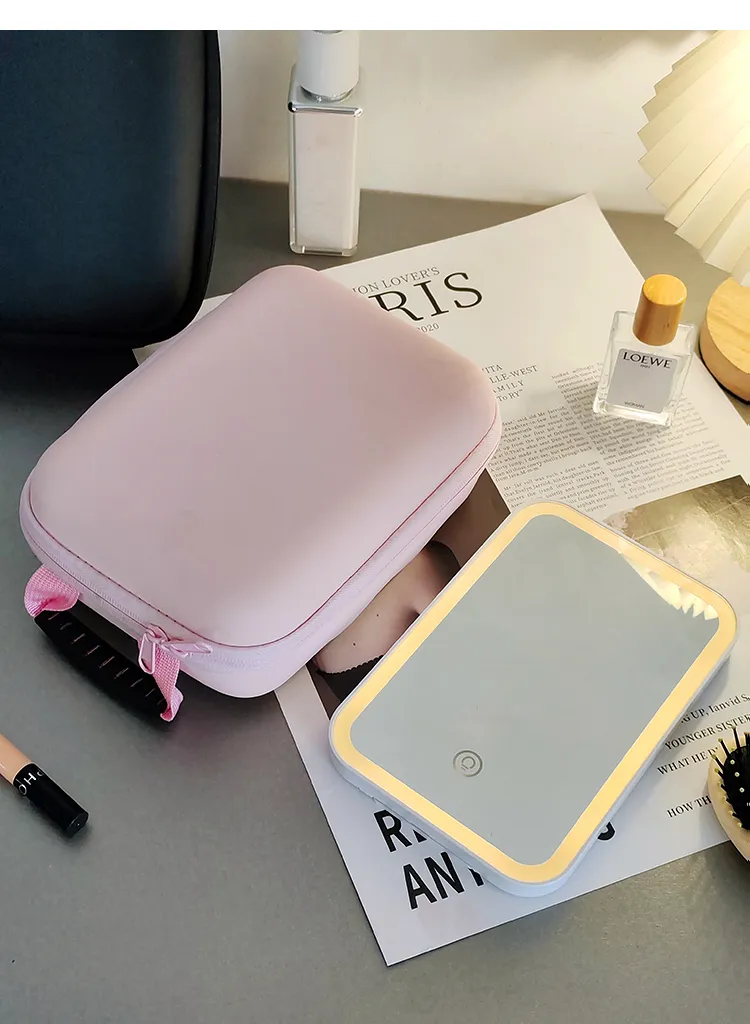Espejo de maquillaje portátil de gran capacidad con luz LED