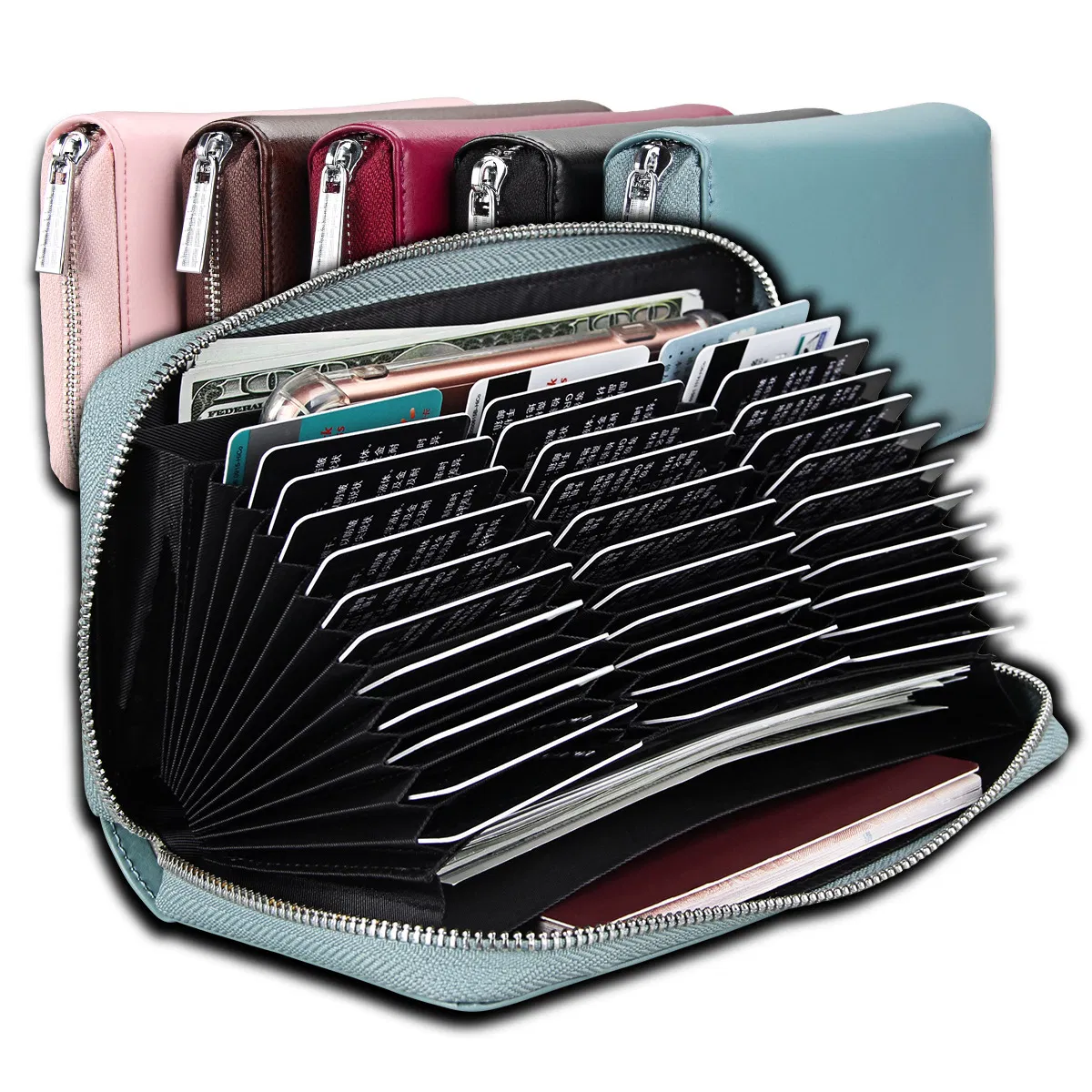 Organizador de cuero largo para tarjetas, soporte para pasaporte, anti RFID, soporte para tarjetas de crédito, billetera multifuncional para hombres y mujeres, soporte para pasaporte