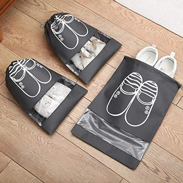 Bolsa de transporte impermeable de no tejido con ventana transparente, a prueba de polvo, para zapatos, con cordón
