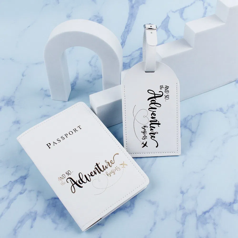 Billetera de viaje para hombres y mujeres, funda de pasaporte de cuero PU con etiqueta de equipaje, soporte de pasaporte y conjunto de etiqueta de equipaje con logo personalizado