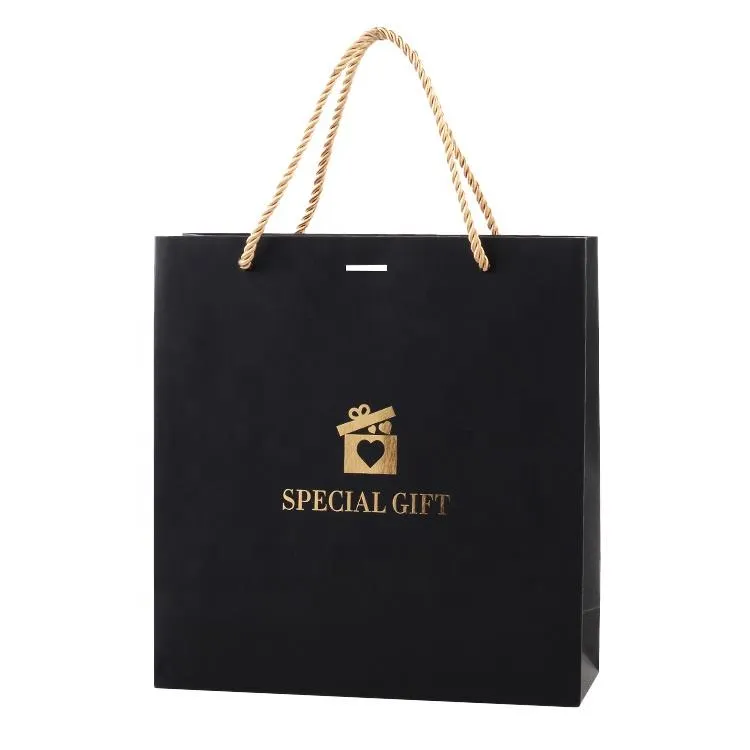 Bolsa de regalo negra mate de lujo con logo para ropa, bolsas personalizadas
