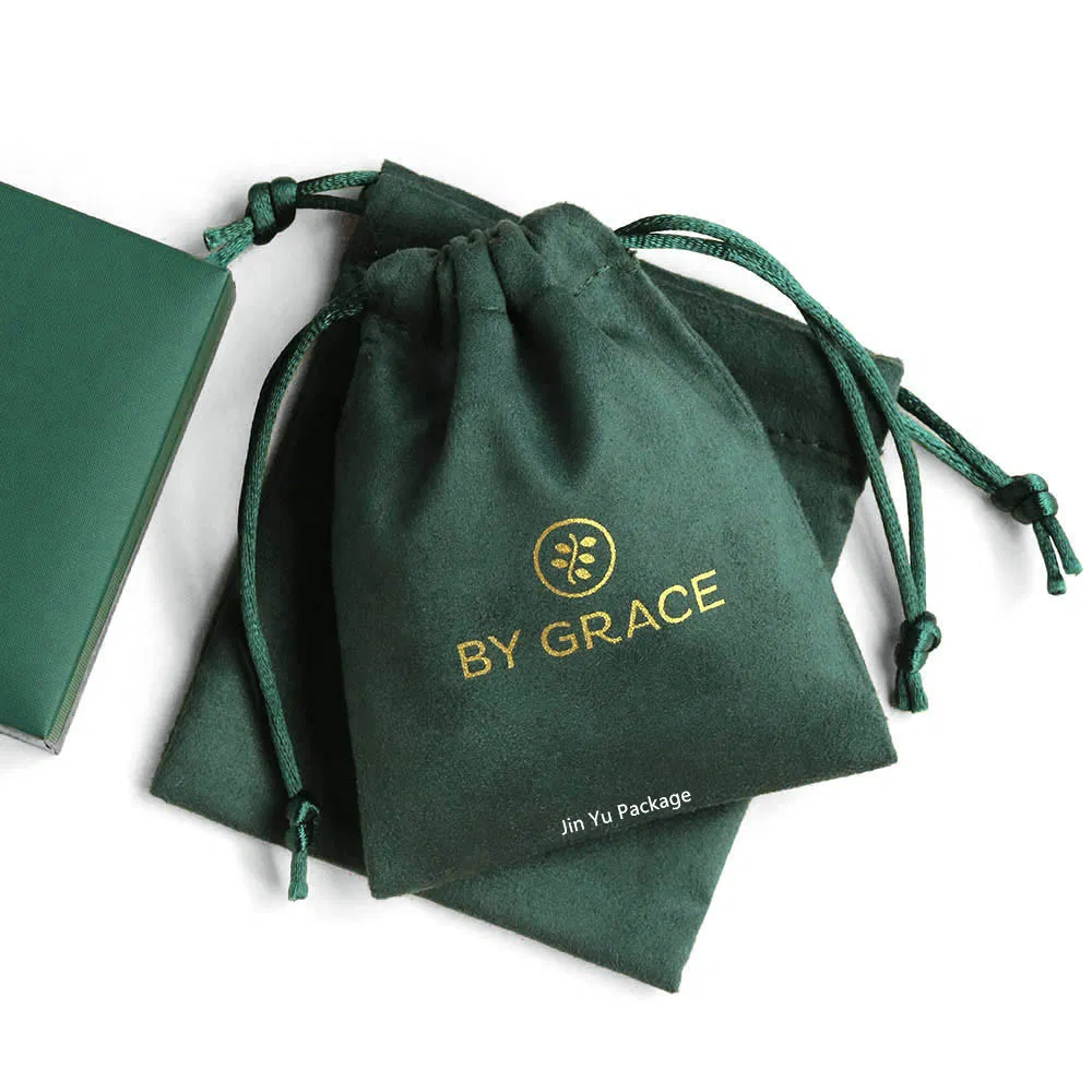 Bolsa de regalo de joyería personalizada de terciopelo verde oscuro con cordón
