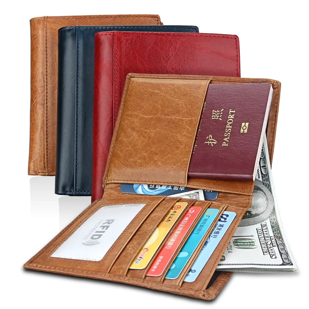 Billetera de pasaporte de cuero de vaca genuino con bloqueo RFID y protección contra espionaje