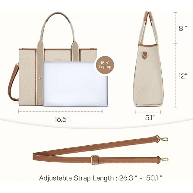 Bolso de mano grande de capacidad personalizada, bolso tote de lona para mujeres 15.6 pulgadas, maletín para laptop con compartimentos y correa para el pecho