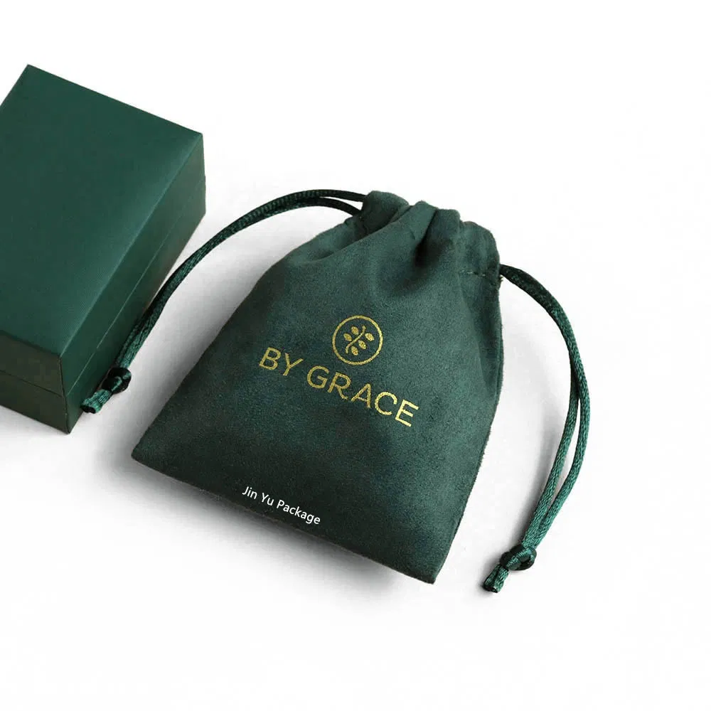 Bolsa de regalo de joyería personalizada de terciopelo verde oscuro con cordón