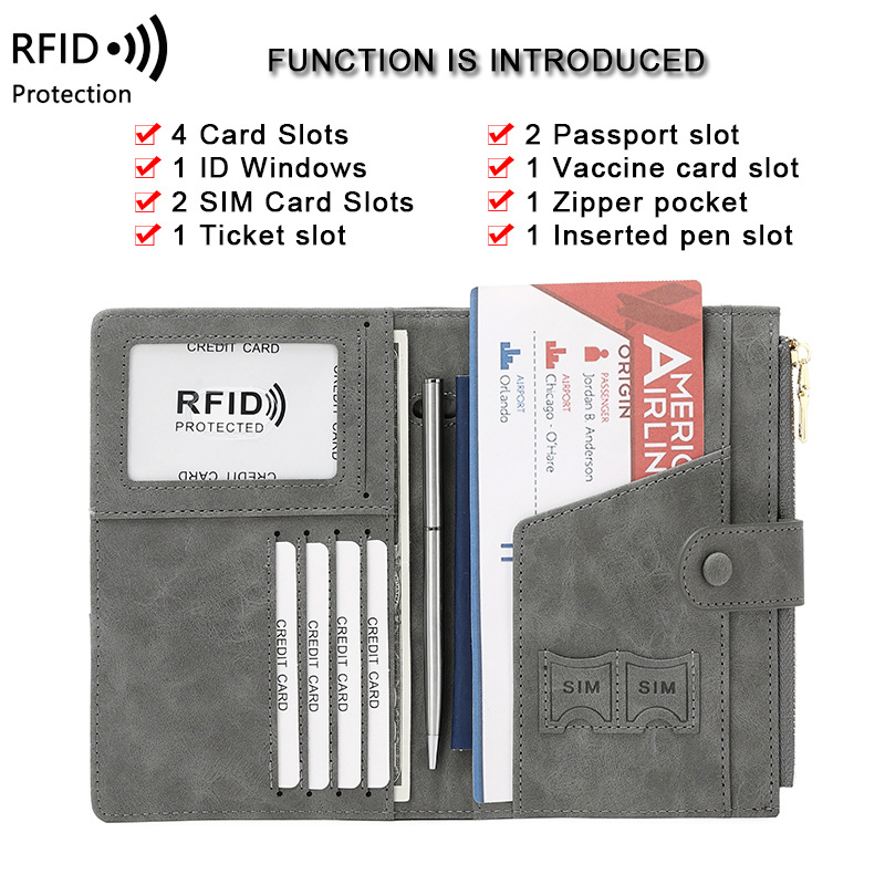 Billetera de viaje bloqueadora de RFID con cremallera, soporte para pasaporte y ranuras para tarjetas