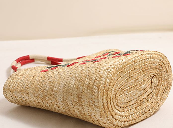 Bolso de paja bordado de cereza para mujeres, bolso de mano tejido de moda, bolso de playa para vacaciones, bolso de hombro