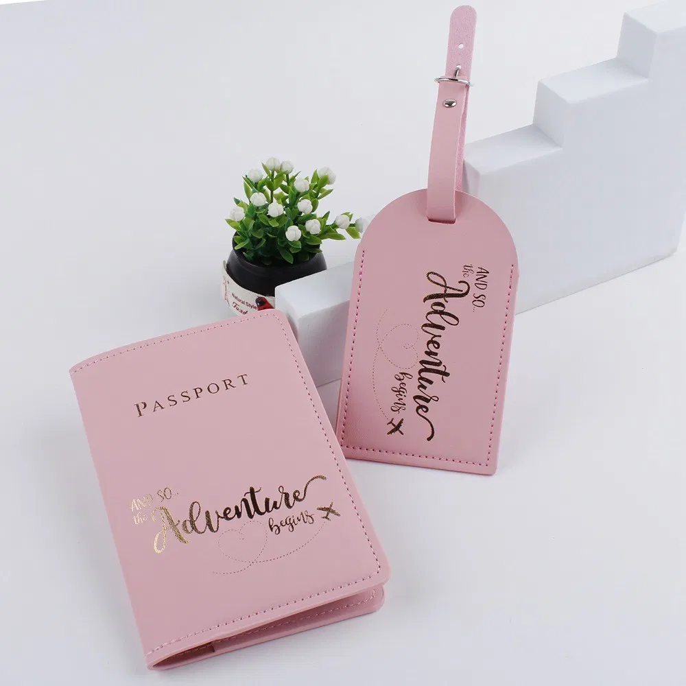 Billetera de viaje para hombres y mujeres, funda de pasaporte de cuero PU con etiqueta de equipaje, soporte de pasaporte y conjunto de etiqueta de equipaje con logo personalizado