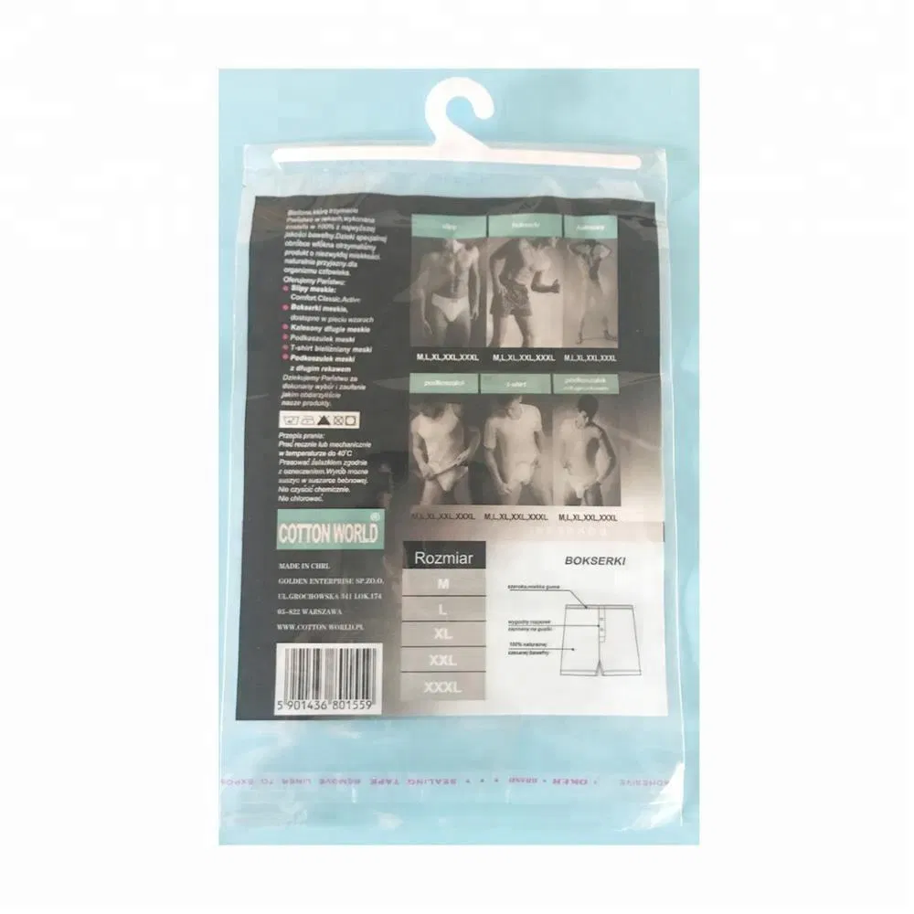 Bolsas de plástico con cremallera de polietileno para empaquetar ropa colgante, ropa interior, con gancho para colgar