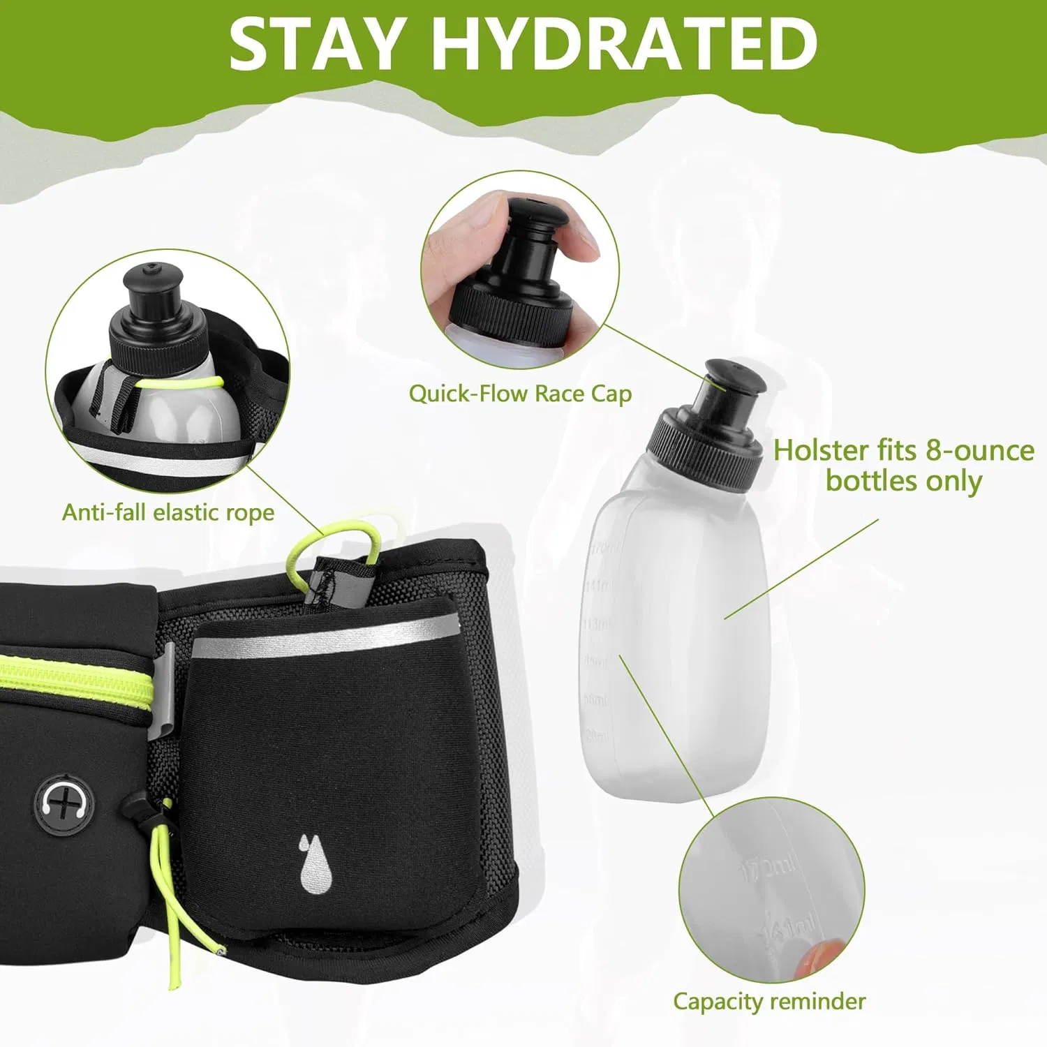 Cinturones de Correr para Mujeres y Hombres con 2 Botellas de Agua - Soporte para Teléfono para Correr Accesorios Impermeables para la Cintura Mochila Fanny Pack Sin Rebote