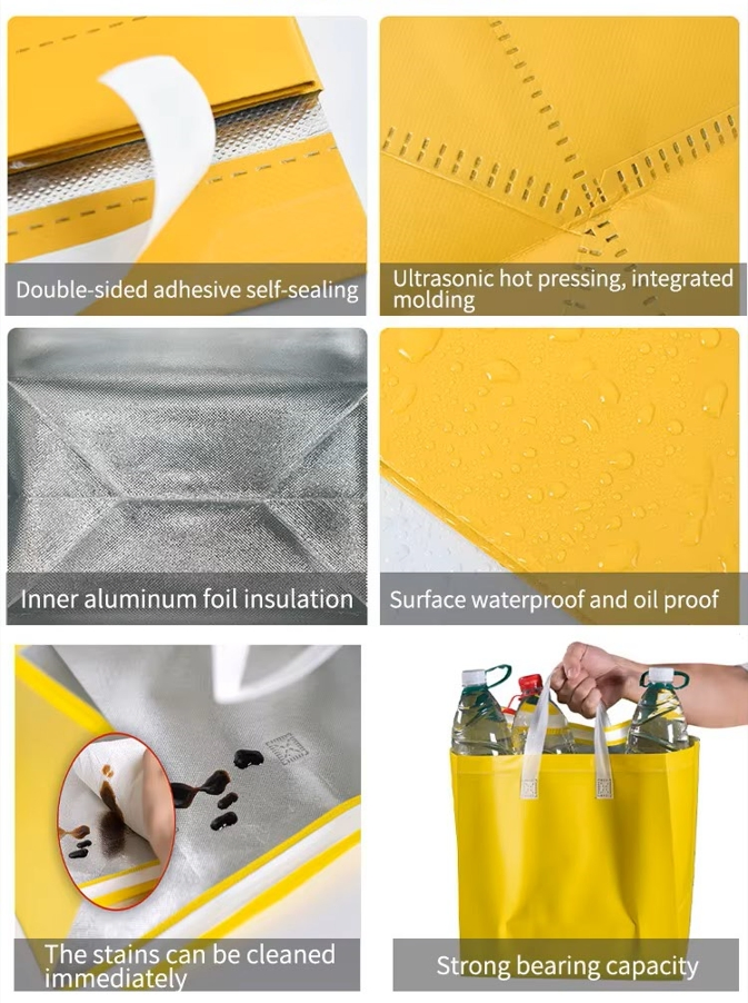 Bolsa de transporte reutilizable impermeable de material no tejido de PP para comida y almuerzo con asa para durian, bolsa térmica aislante