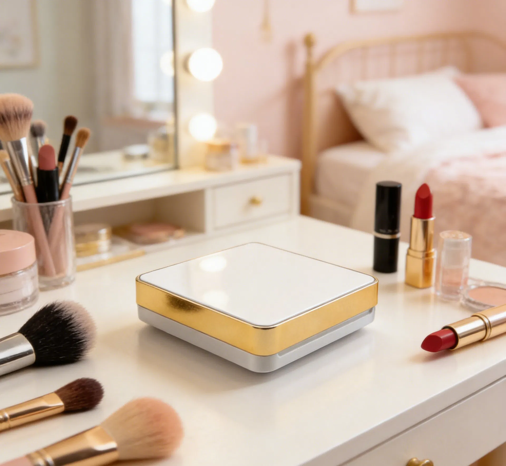 Funda de maquillaje cuadrada de plástico con almohadilla de aire, impresión UV, logo OEM disponible