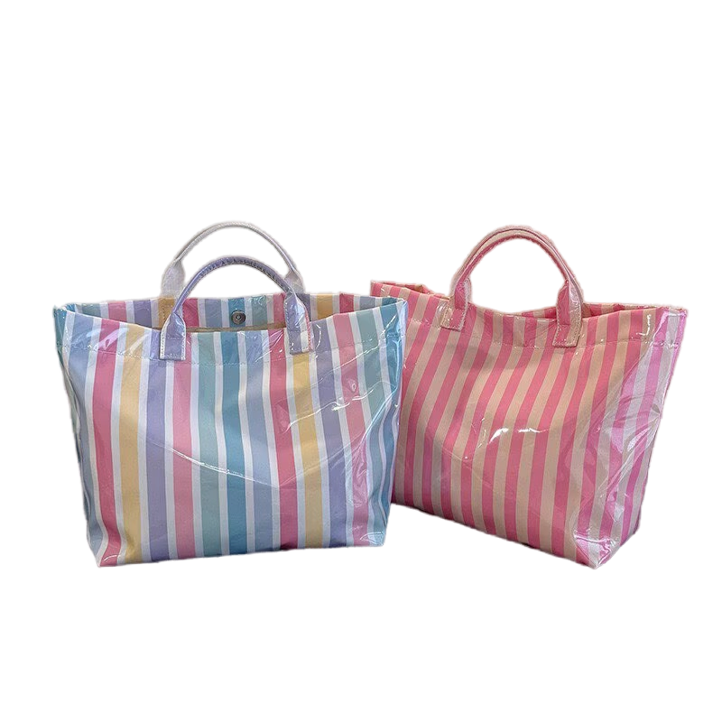 2026 Bolso de playa de PVC impermeable y duradero para dama, bolso de viaje y compras a rayas colorido de verano, bolsa de gran capacidad para llevar a mano o al hombro