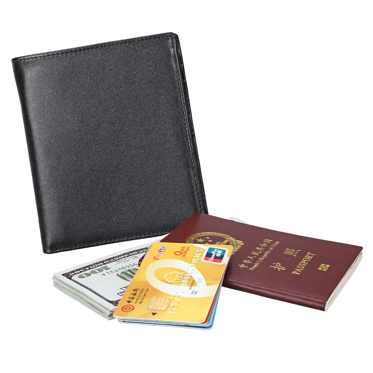 Billetera de pasaporte de cuero de vaca genuino con bloqueo RFID y protección contra espionaje