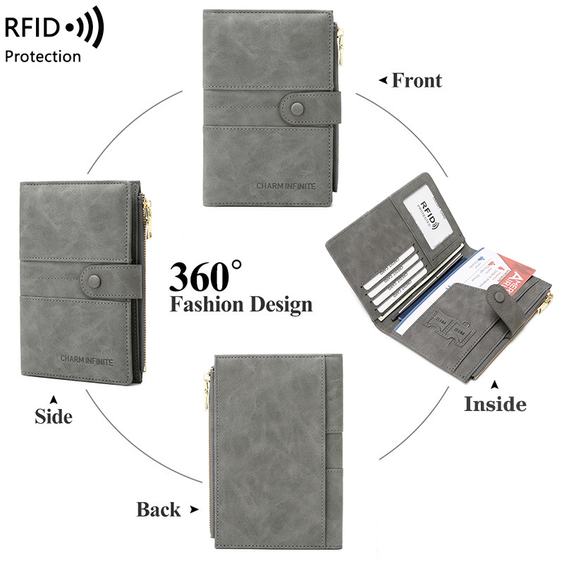 Billetera de viaje bloqueadora de RFID con cremallera, soporte para pasaporte y ranuras para tarjetas