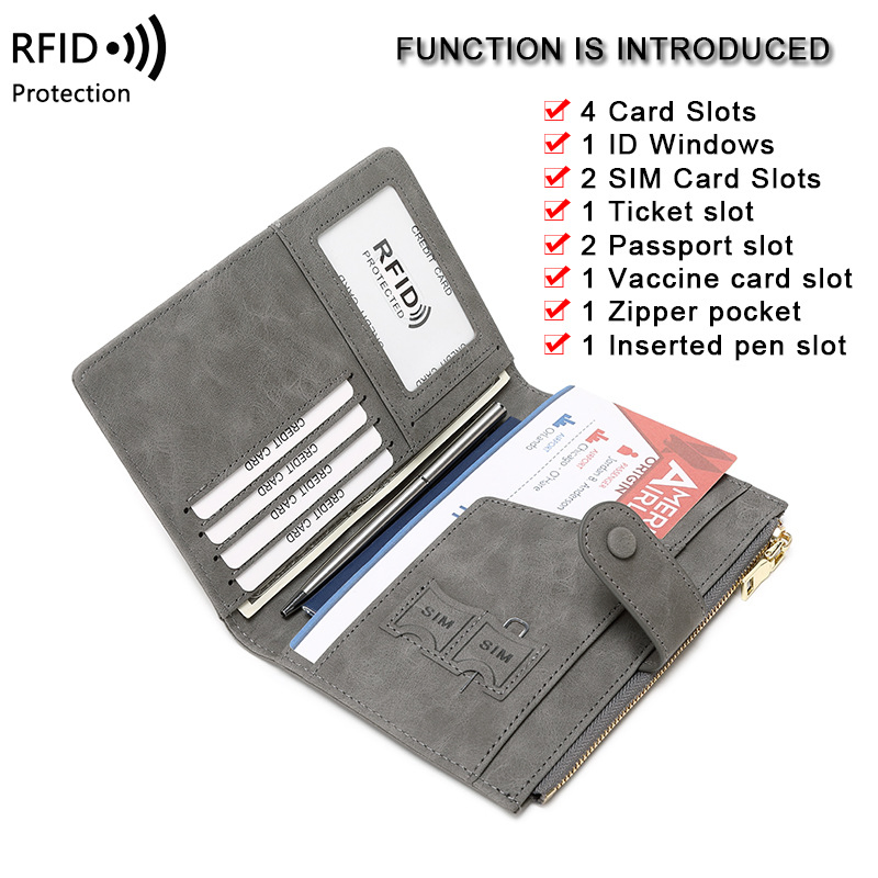 Billetera de viaje bloqueadora de RFID con cremallera, soporte para pasaporte y ranuras para tarjetas